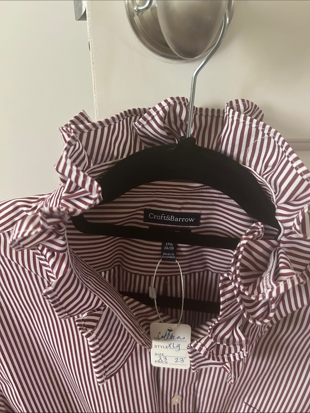 Burgundy and White Striped Ruffle-Collar  Blouse recreated from a man’s shirt - Picture 3 of 4